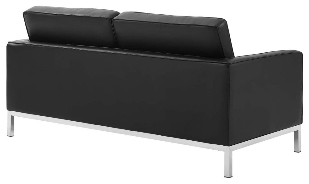 Tufted Armchair and Loveseat Sofa Set, Faux Leather, Silver Black, Modern
