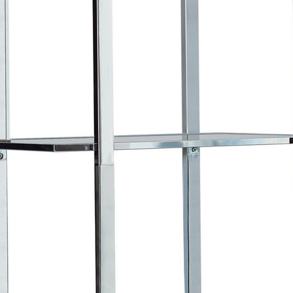 Benzara BM282971 Bookcase, Metal Frame, Tempered Glass Shelves, Polished, Silver