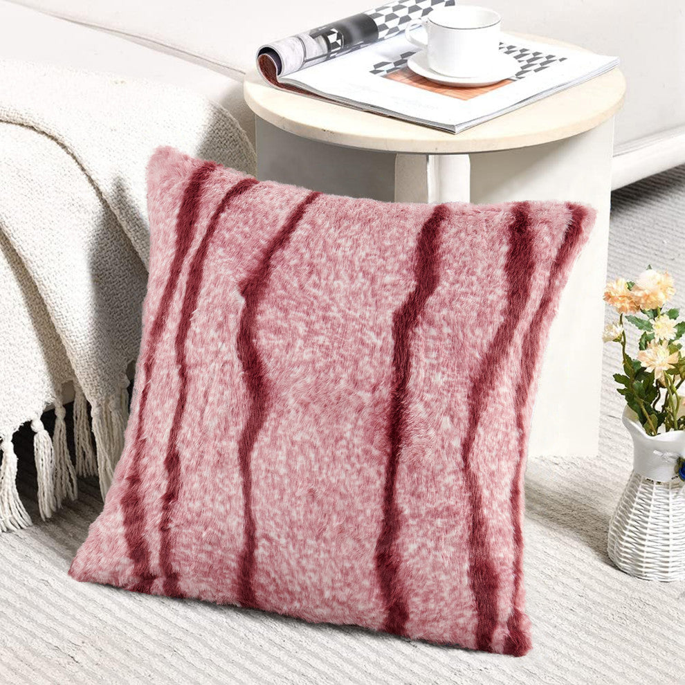Finch Stripe Faux Fur 2 Piece Pillow Shell Sets, Woodrose, 20" X 20"
