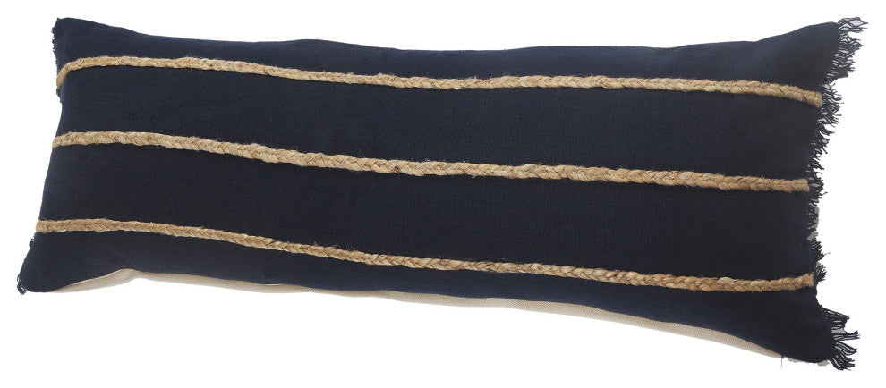 Atlantis Americana Solid Lumbar Pillow with Jute Braiding, Navy/Tan