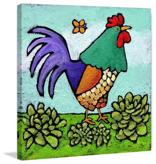 "Rooster and Butterfly" by Janet Nelson Print Wrapped Canvas, 32x32