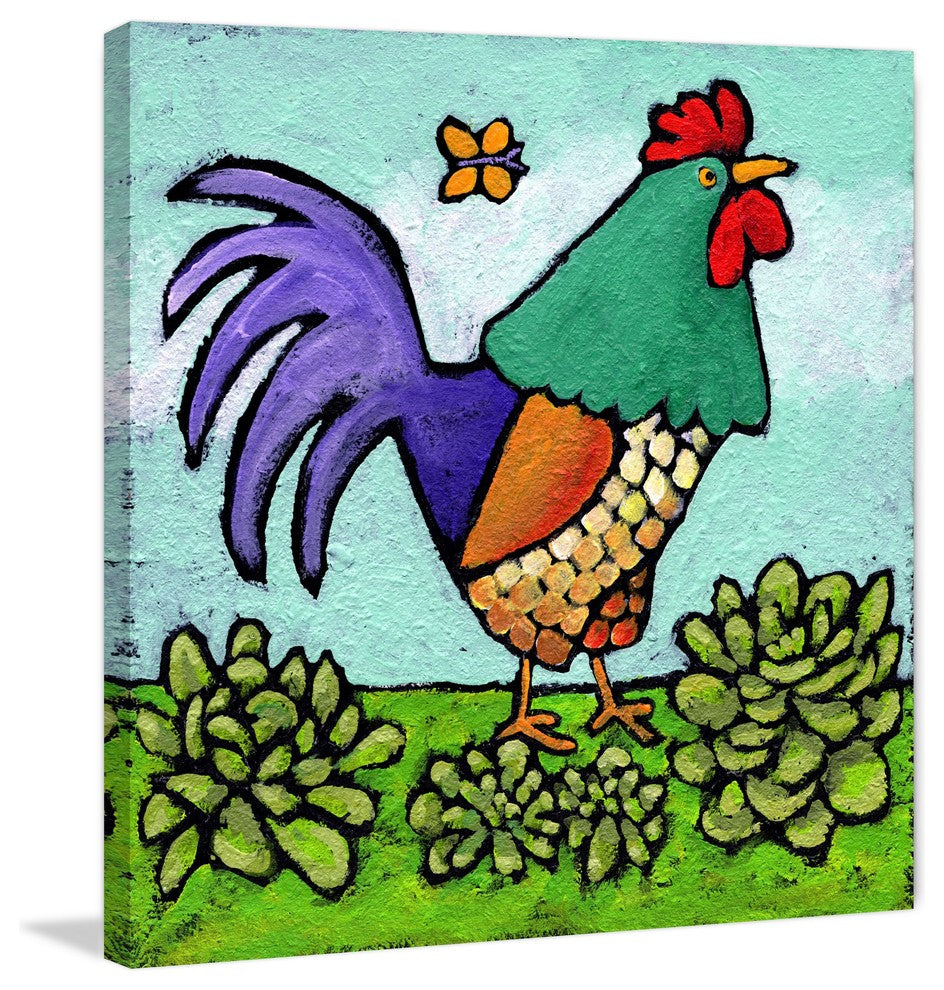 "Rooster and Butterfly" by Janet Nelson Print Wrapped Canvas, 32x32