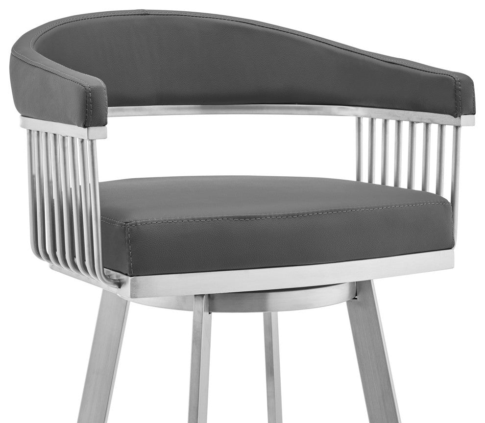 30" Mod Gray Faux Leather Brushed Silver Finish Swivel Bar Stool