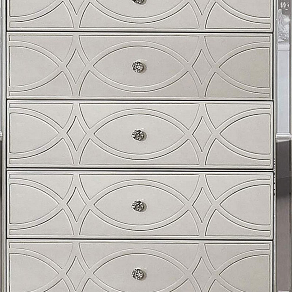Benzara BM252517 Chest With 5 Drawers and Circular Decorative Pattern, Silver