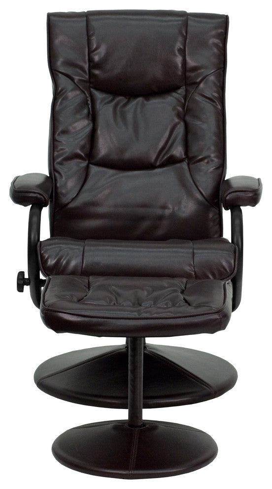 Multi-Position Recliner and Ottoman with Wrapped Base in Brown LeatherSoft