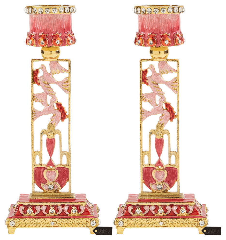Matashi Shabbat Candlestick Holder (2-Piece Set) Hand-Painted,  Pewter(Red)