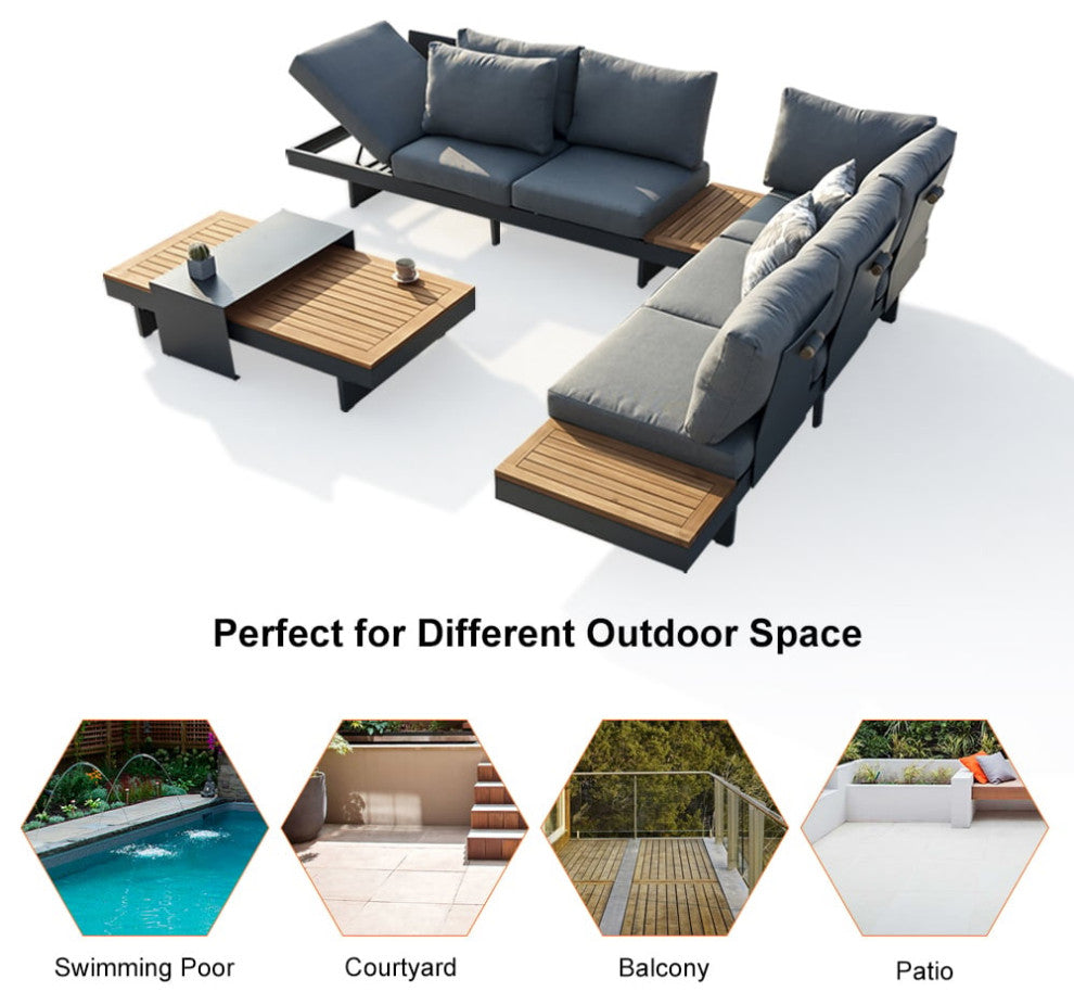 4 Pieces L Shape Outdoor Sectional Sofa Set with Wood Coffee Table in Gray