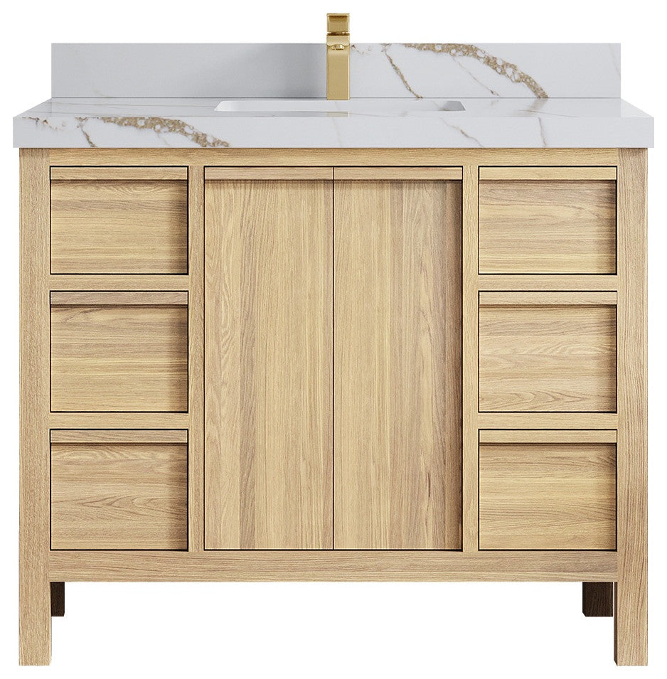 Elizabeth Oak 42" Single Sink Vanity, White 2" Calacatta Gold