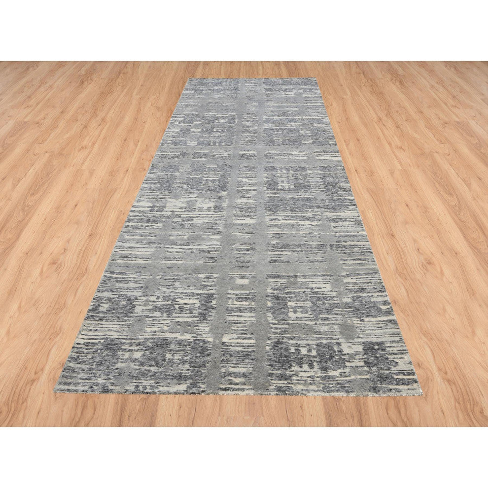 Gray Hand Spun Undyed Wool Modern Hand Knotted Wide Runner Rug, 4'1"x12'0"