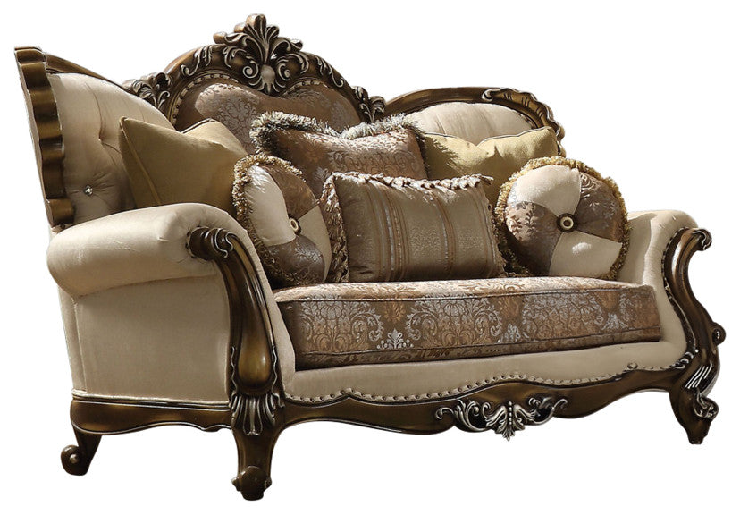 Latisha Loveseat With5 Pillows, Tan, Pattern Fabric and Antique Oak