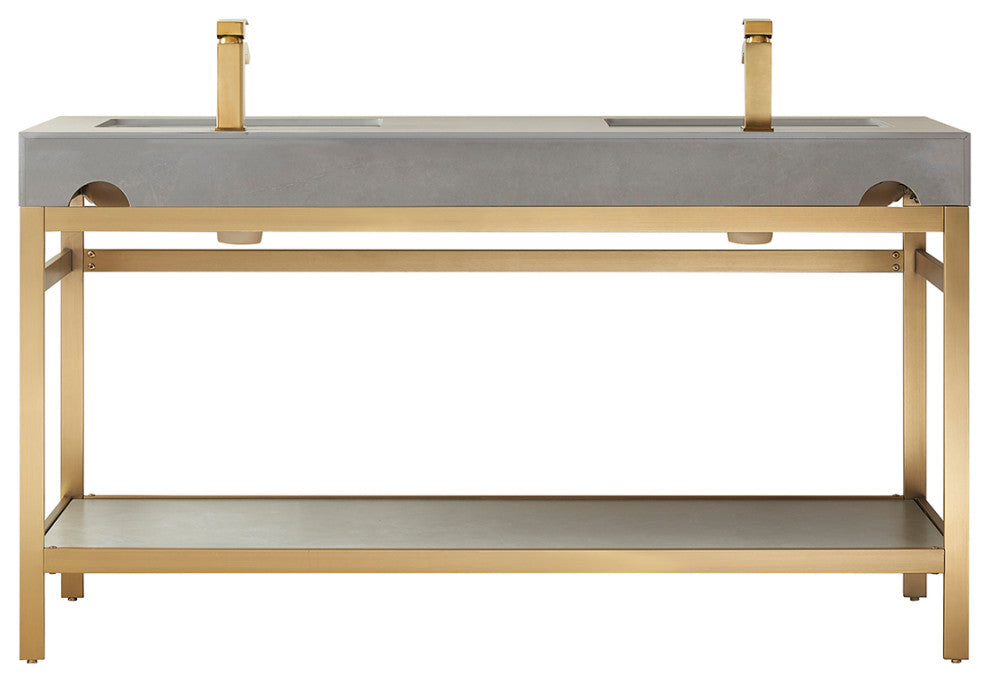 Funes Bath Vanity with Mirror, Brushed Gold Support, 60" Double Sink, Grey Stone Top
