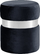 Hailey Velvet Upholstered Ottoman/Stool, Black, Silver Band