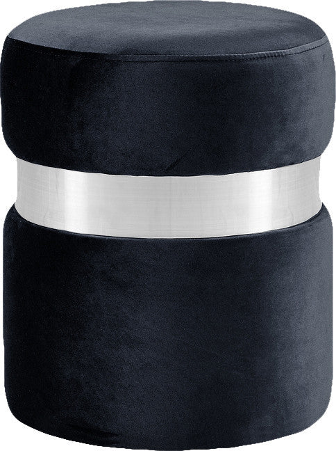 Hailey Velvet Upholstered Ottoman/Stool, Black, Silver Band
