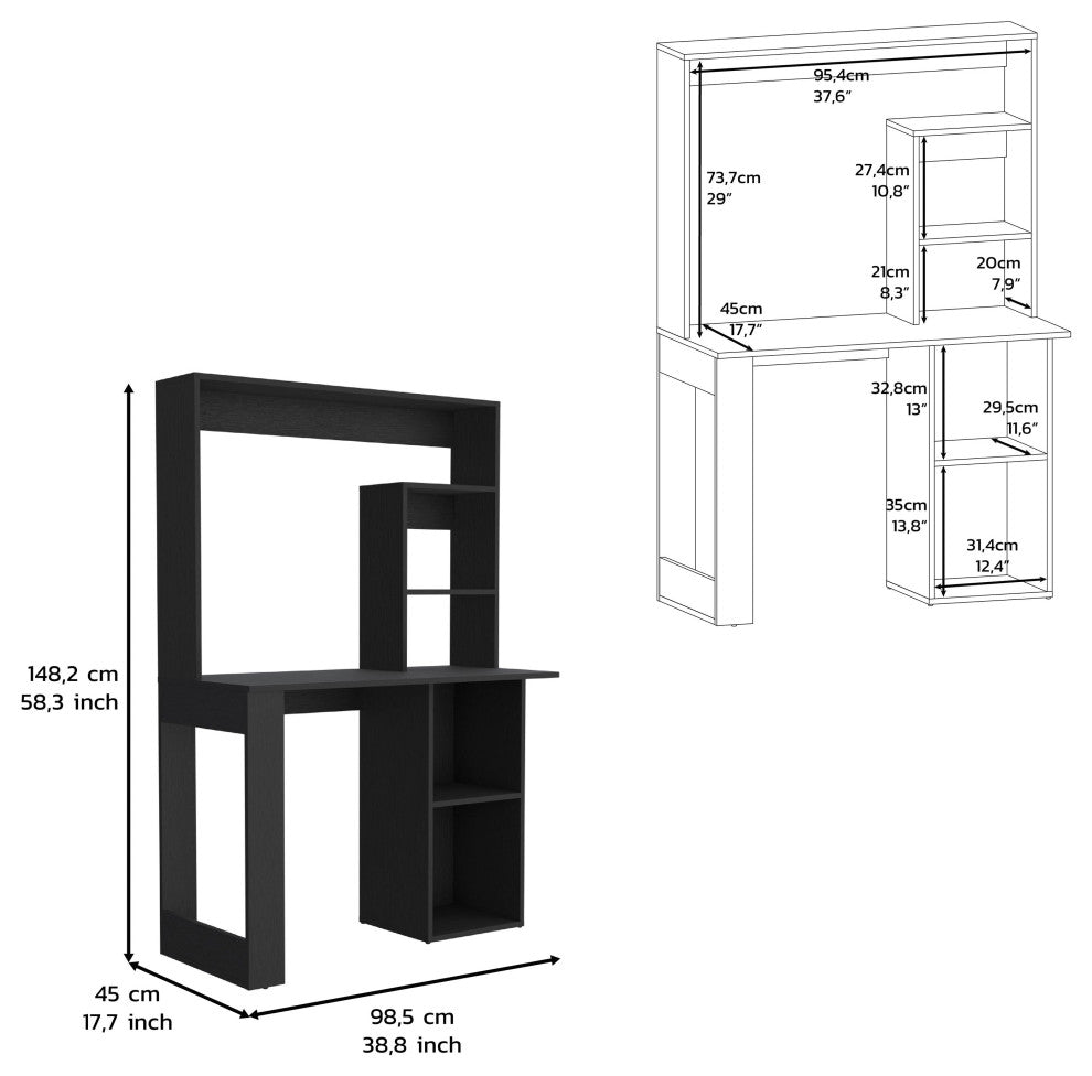 DEPOT E-SHOP Ethel Desk with 5 Open Shelves and Hutch, Black