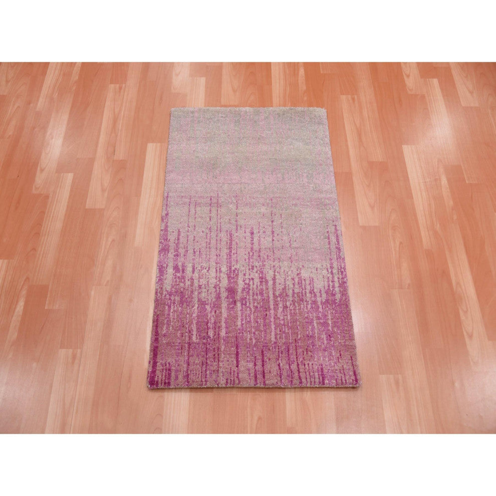 Pink Vertical Ombre Design Natural Wool Hand Knotted Oriental Mat Rug, 2'0"x3'2"