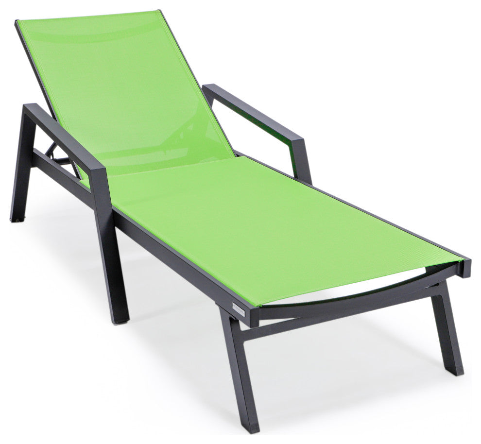 LeisureMod Marlin Chaise Lounge Chair With Arms and Fire Pit Table, Green