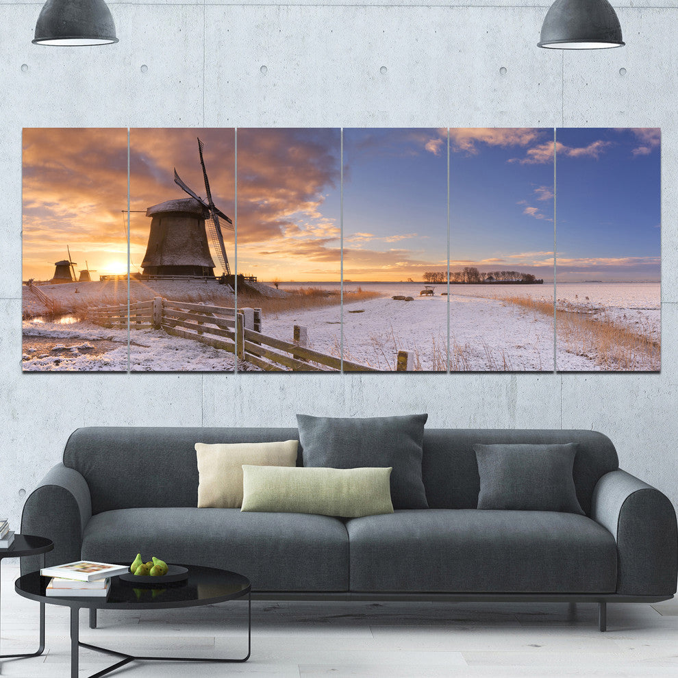 Dutch Windmills at Sunrise, Abstract Canvas Art Print, 70"x28", 6 Panels
