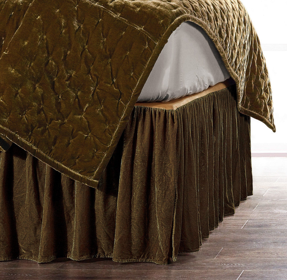 Stella Silk Velvet Bed Skirt, Green Ochre, Queen