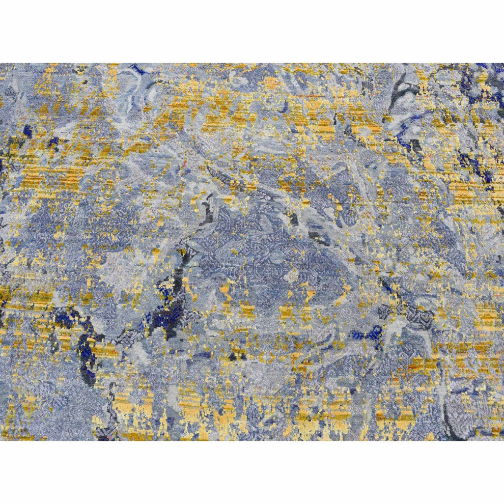 Laguna Yellow, Modern Design, Silk With Wool, Hand Knotted Rug, 8'10"x12'5"