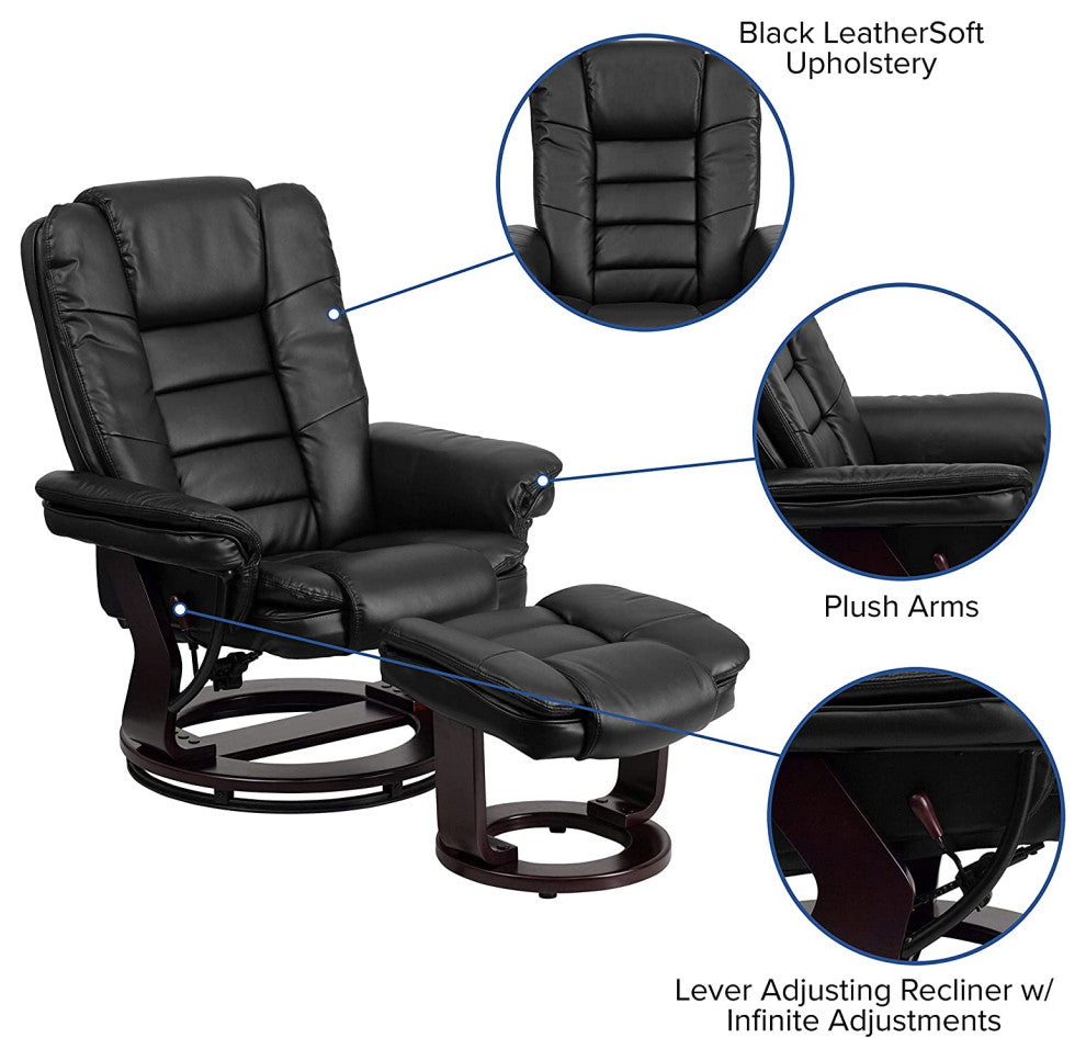 Contemporary Recliner With Ottoman, Comfortable LeatherSoft Upholstery, Black