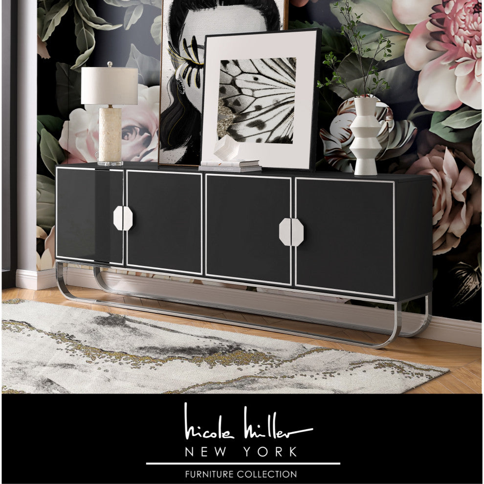 Nicole Miller Jacelynn Sideboard, Black/Chrome, 4-Door
