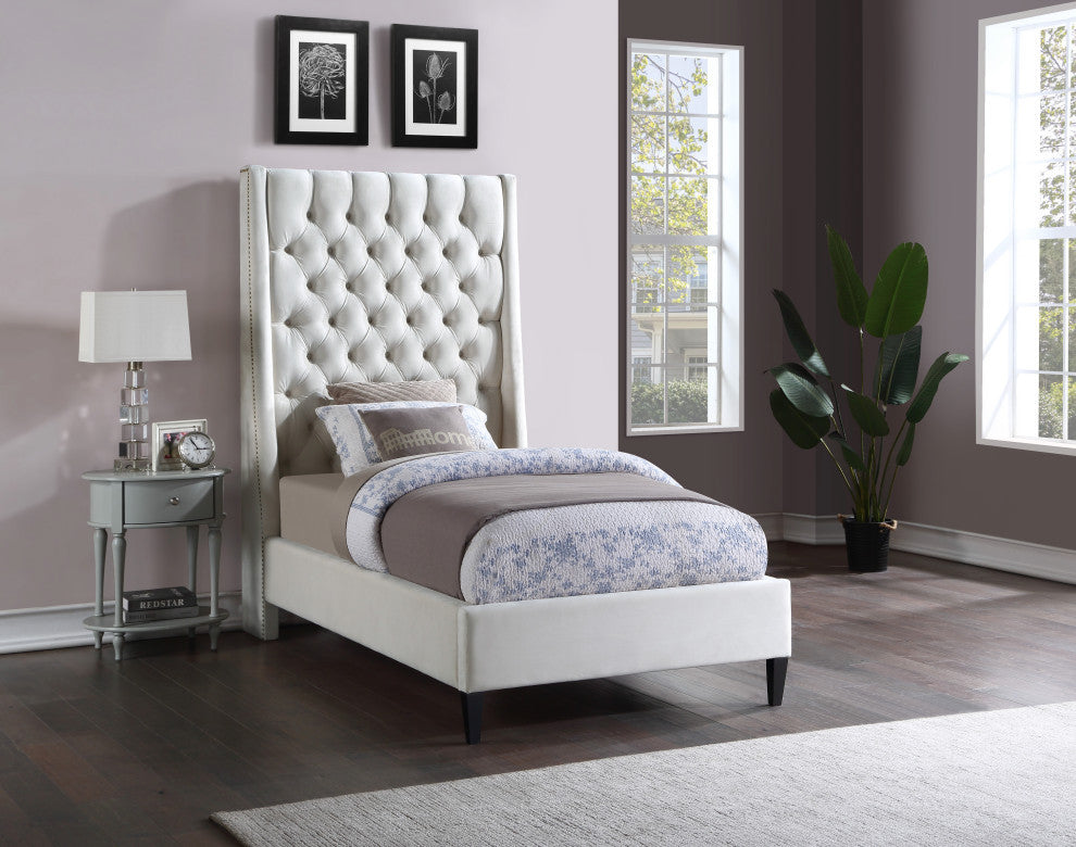 Fritz Velvet Upholstered Bed, Cream, Twin