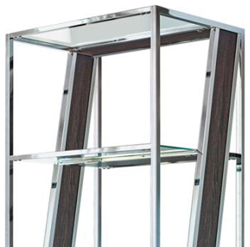 Benzara BM229657 4 Tier Metal Bookcase With Glass and Wooden Shelf, Black/Chrome