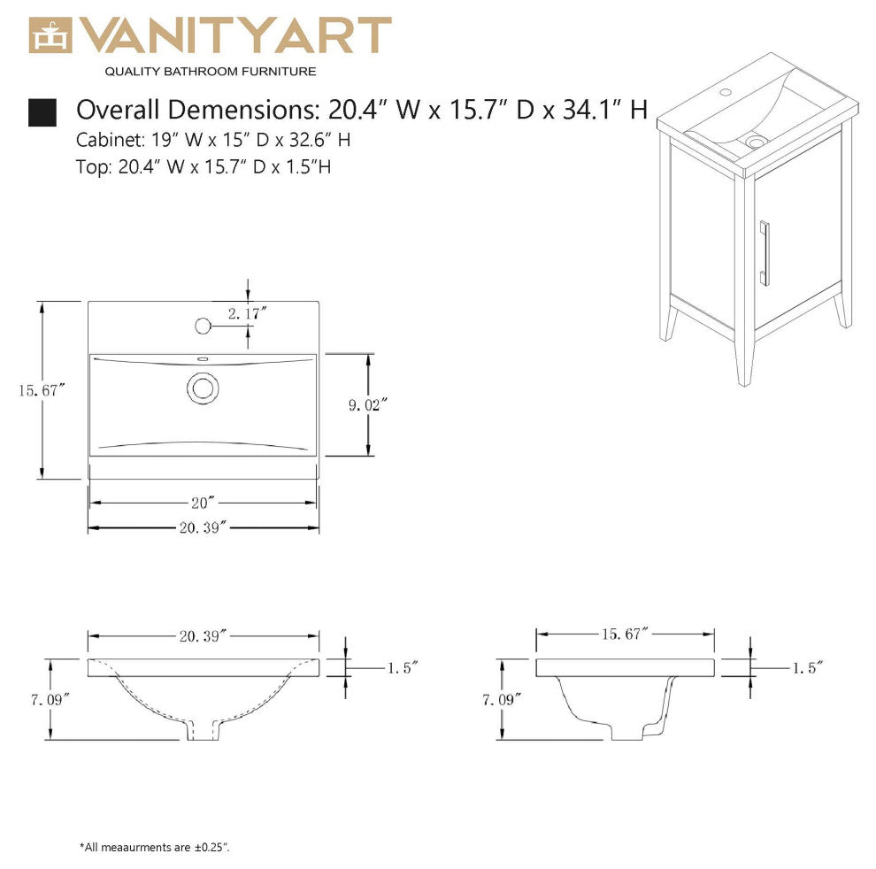 Vanity Art Bathroom Vanity With Sink, White, 20", Single Sink, Matte Black