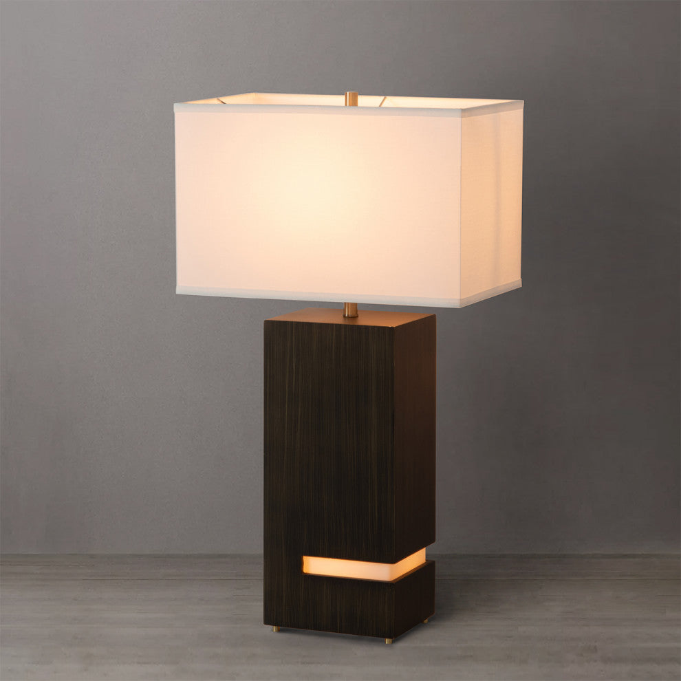 Zen Standing Table Lamp - Gilded Ebony Wood Finish, Weathered Brass, White Linen