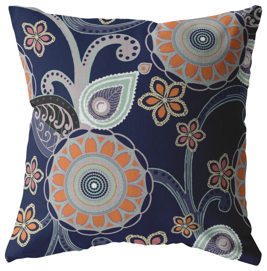 20 Indigo Orange Floral Indoor Outdoor Zippered Throw Pillow