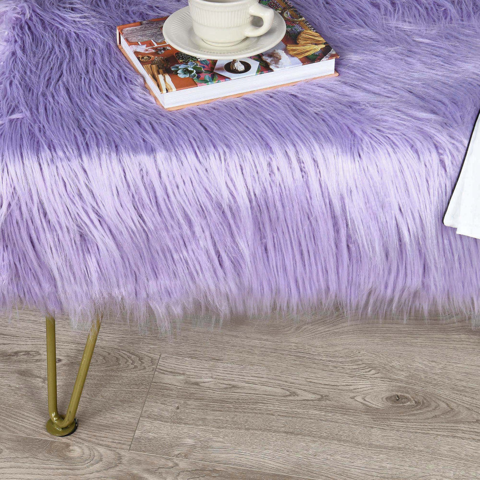 Mongolian Faux Fur Upholstered Ottoman Bench, Lavender, 46x16x22