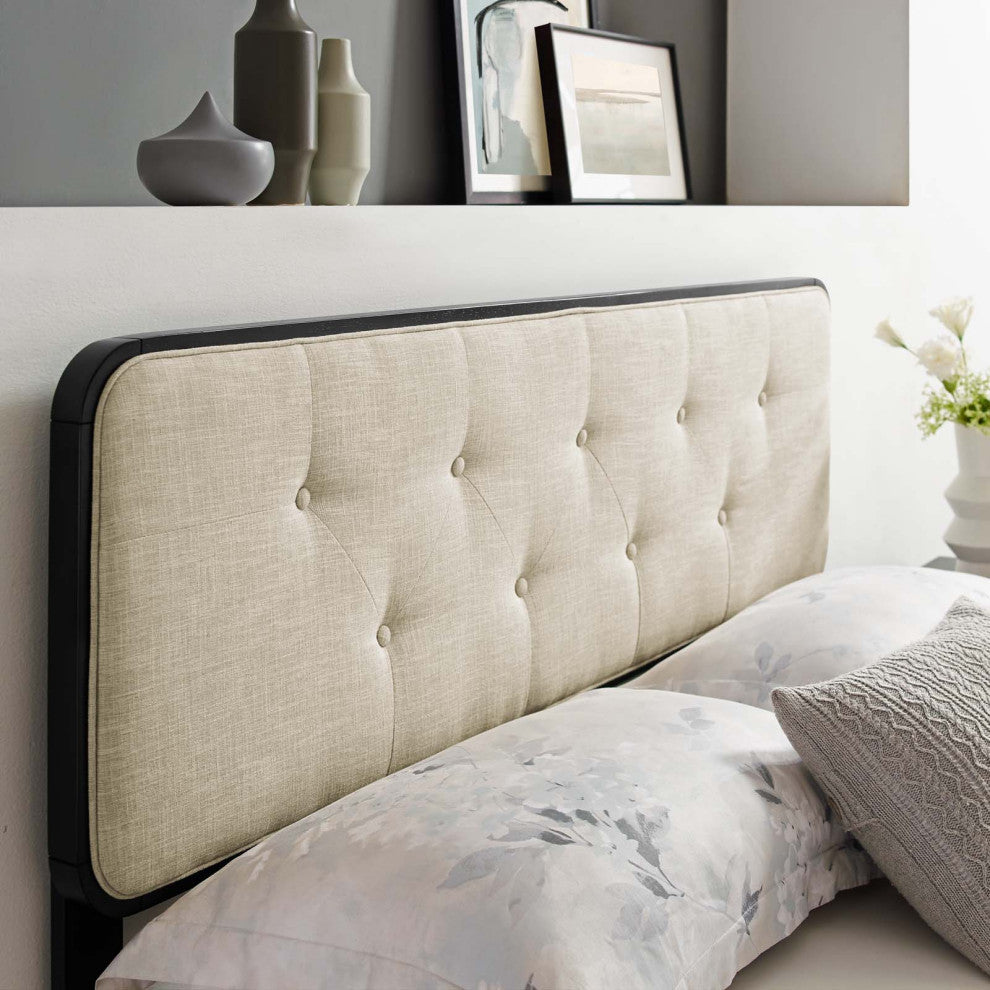 Tufted Headboard, Full Size, Wood, Fabric, Black Beige, Modern Mid-Century