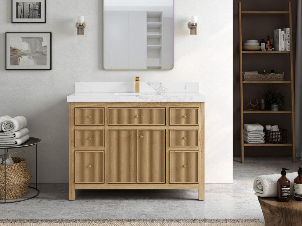 Sonoma 48 Single Sink Bath Vanity in Light Natural Teak with 2" Calacatta Nuvo