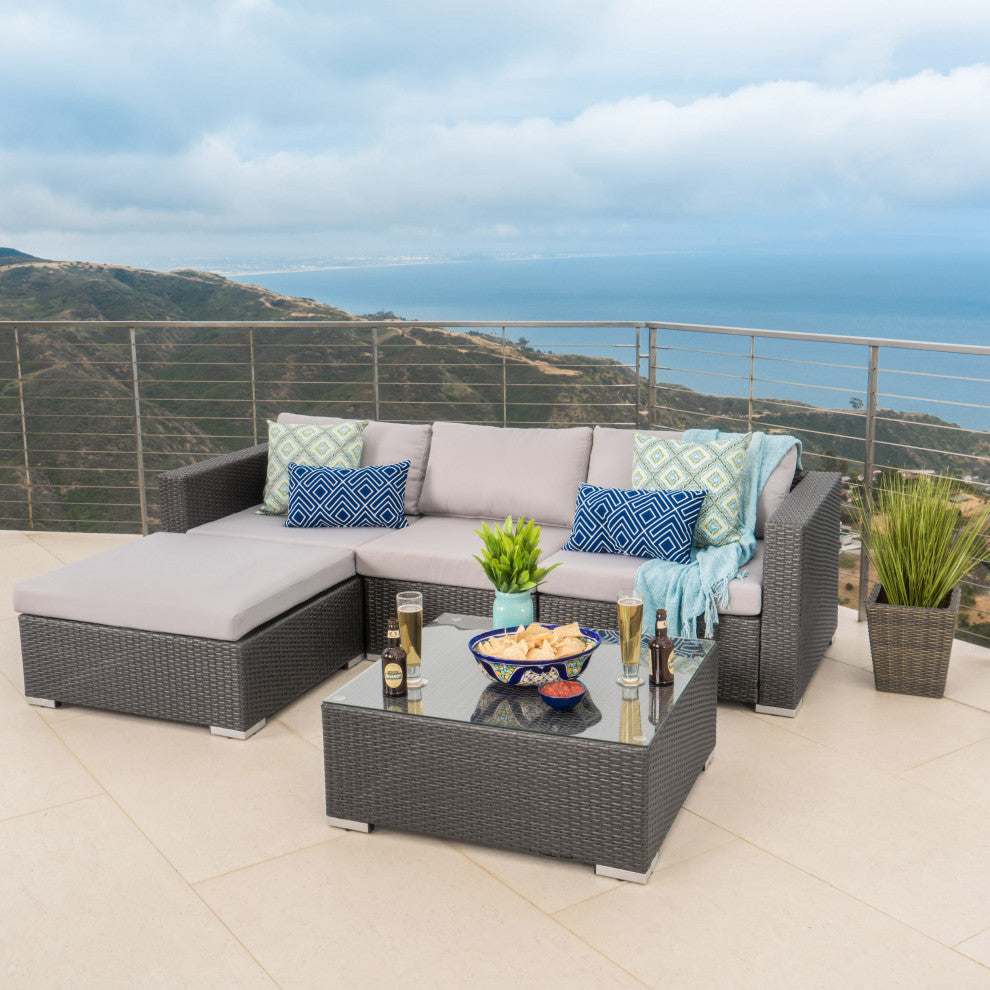 GDF Studio 5-Piece Francisco Outdoor Gray Wicker Sectional With Cushions Set