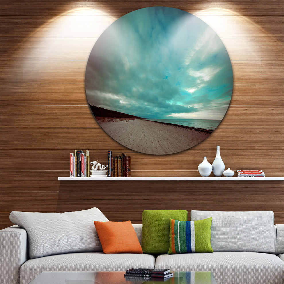 Blue Baltic Beach In Fall With Clouds, Seascape Disc Metal Artwork, 23"