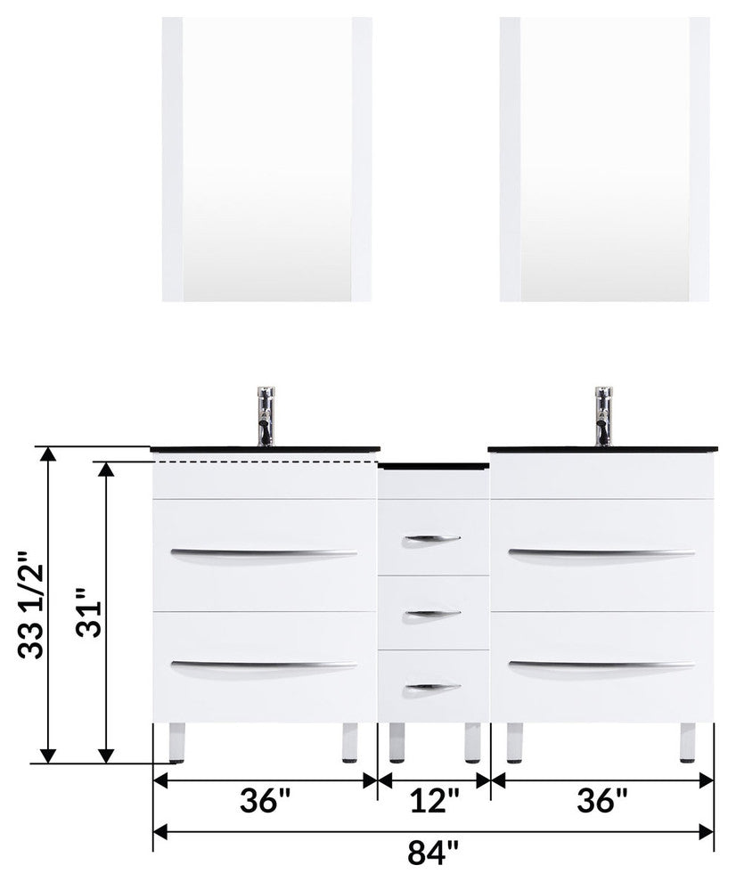 84" White Vanity, 36" Double Sink Bases, Single 12 Drawer Base, LV4-C15-84-W