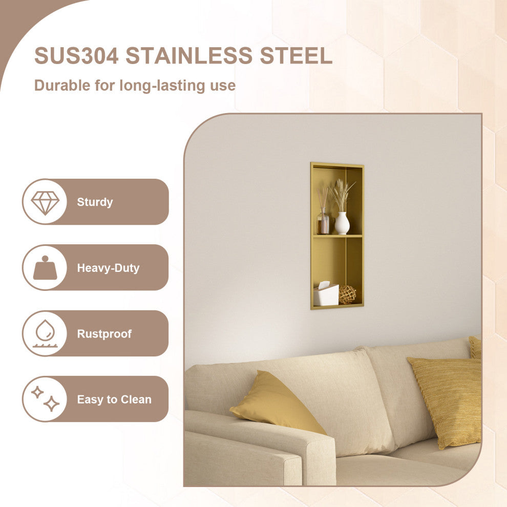 Stainless Steel Shower Niche Recessed Double Layer No Tile Needed , Gold