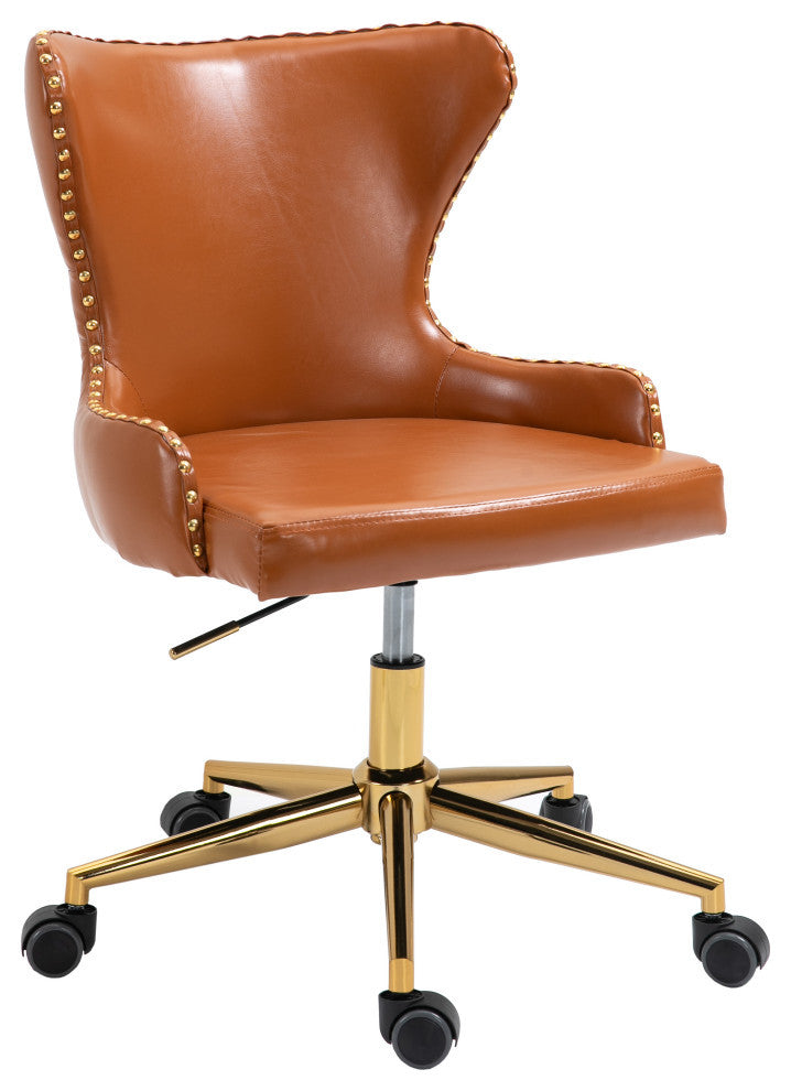 Hendrix Swivel and Adjustable Vegan Leather Office Chair, Cognac, Rich Gold Base
