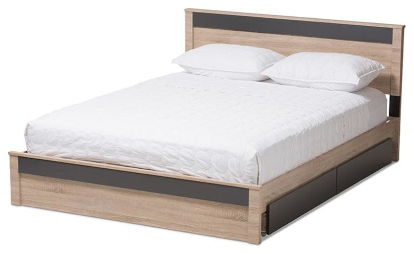 Jamie Two-Tone Oak and Gray Wood Queen 2-Drawer Queen Size Storage Platform Bed