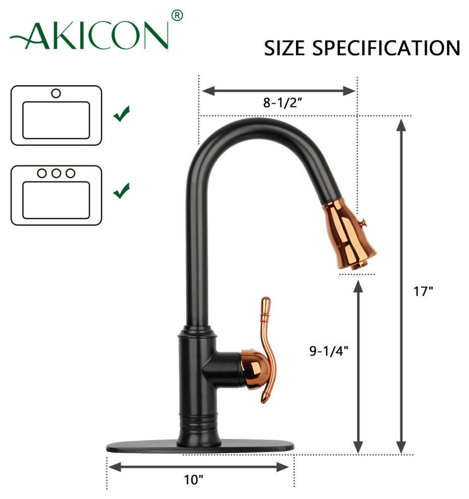 Pull Down Kitchen Faucet and Deck Plate, Two-Tone Matte Black and Rose Gold