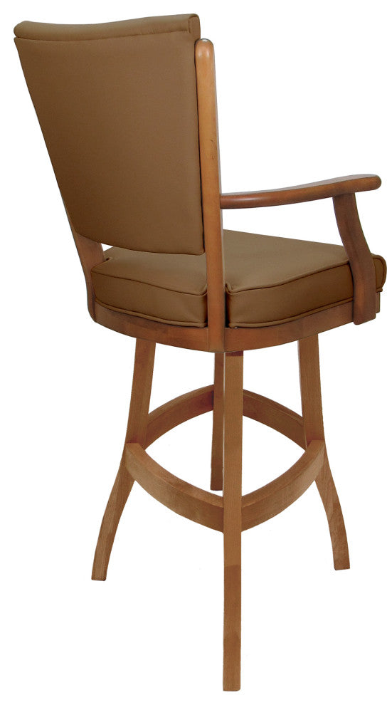 Leather Swivel Wood Bar Stool Classic on S-Base, Brown Leather on Honey, 34"
