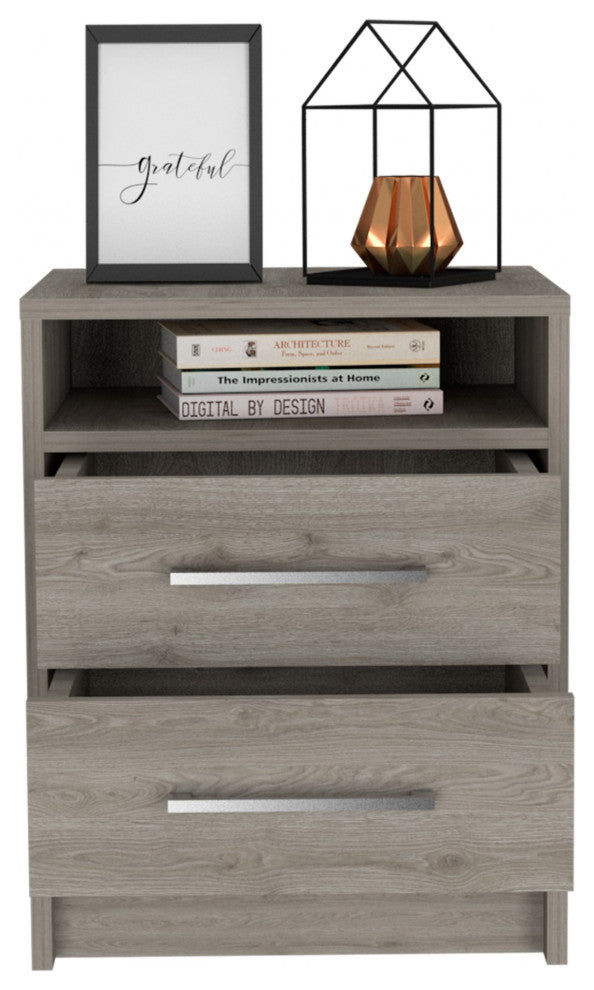 Light Grey Open Compartment Two Drawer Nightstand