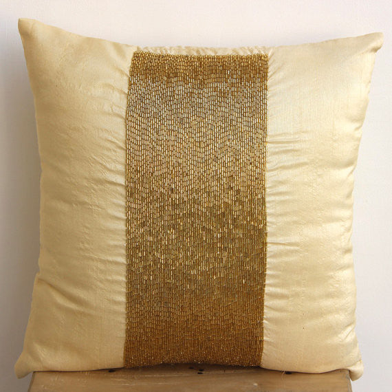 Metallic Beaded 18x18 Art Silk Gold Throw Pillows Cover for Couch, Gold Center