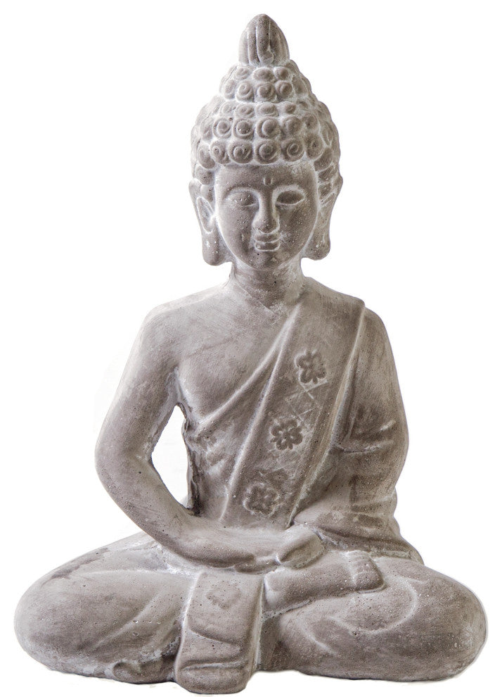 Cement Meditating Buddha Figurine with Shoulder Sash Design Concrete Gray Finish