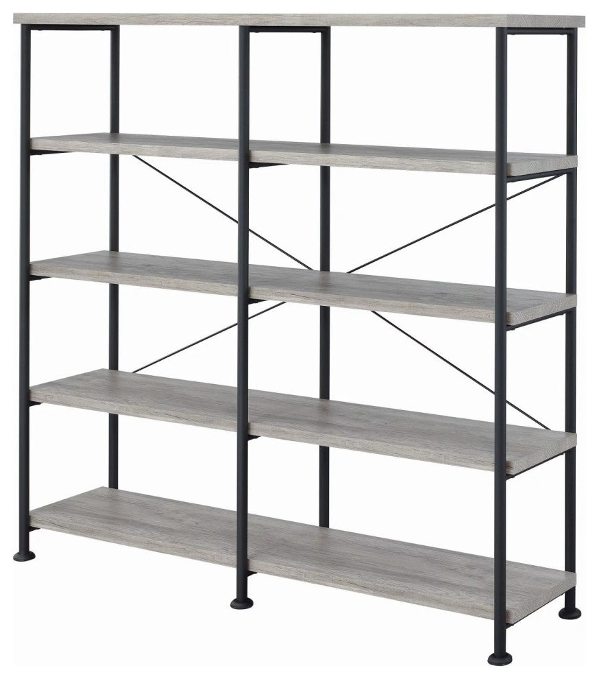 Industrial Bookcase, Wide Design With Open Metal Frame With 4 Shelves, Gray