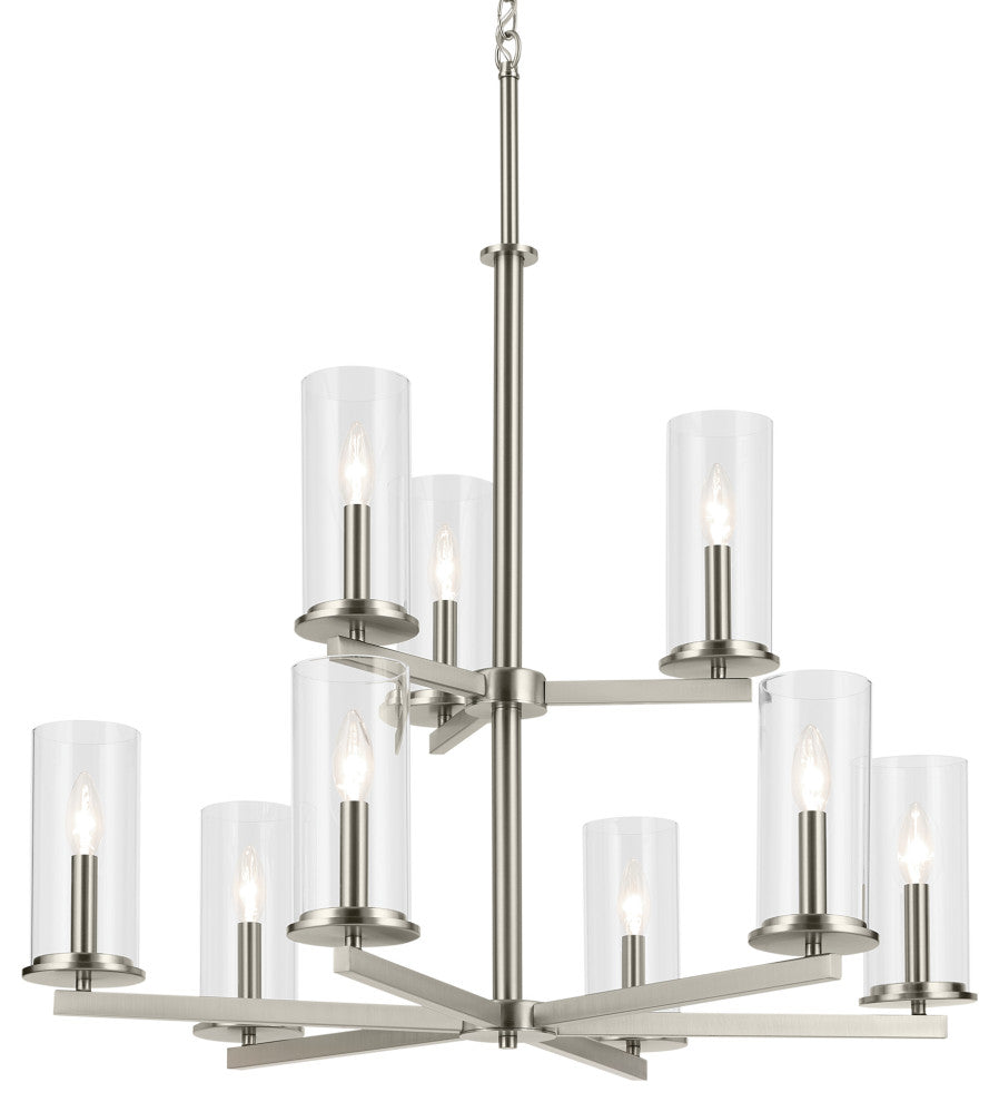 Crosby 32.5" 9-Light 2-Tier Chandelier With Clear Glass, Brushed Nickel