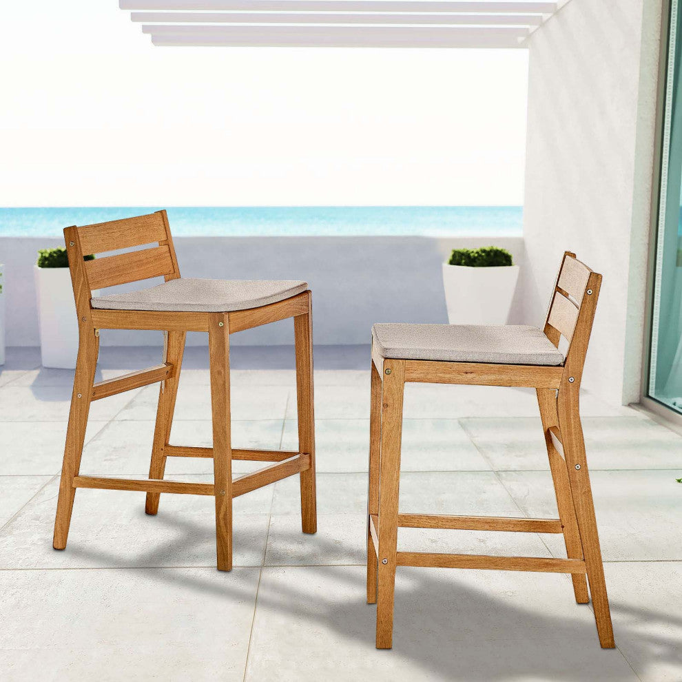 Bar Side Stool Chair, Set of 2, Wood, Brown Natural Taupe Gray, Modern, Outdoor