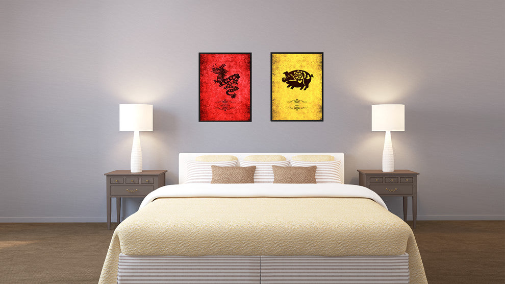 Pig Chinese Zodiac Yellow Print on Canvas with Picture Frame, 22"x29"