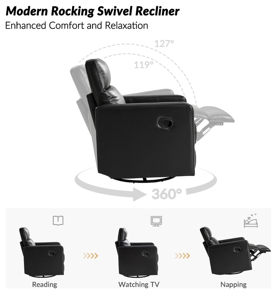 Genuine Leather Swivel Rocker Recliner With Adjustable Headrest, Black