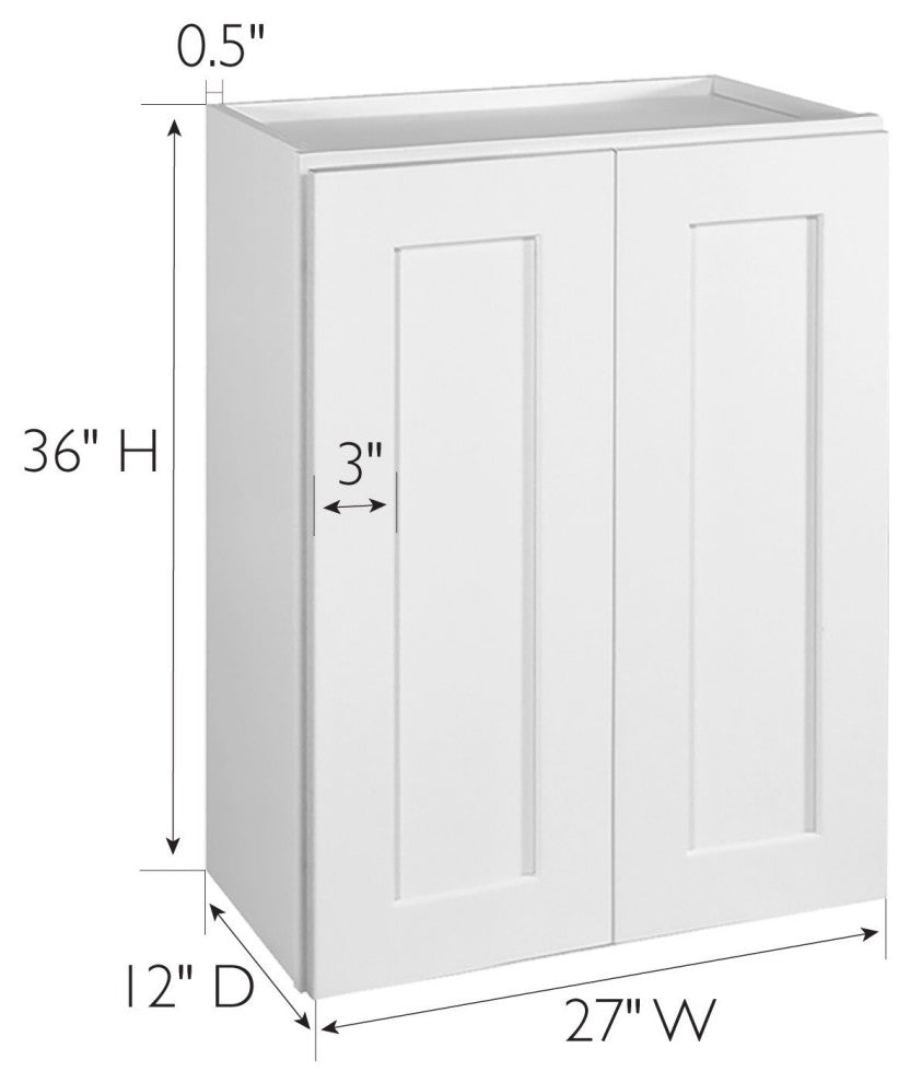 Wall Mount Storage Cabinet, Soft Closing Framed Door & Inner Shelves, White, 27"